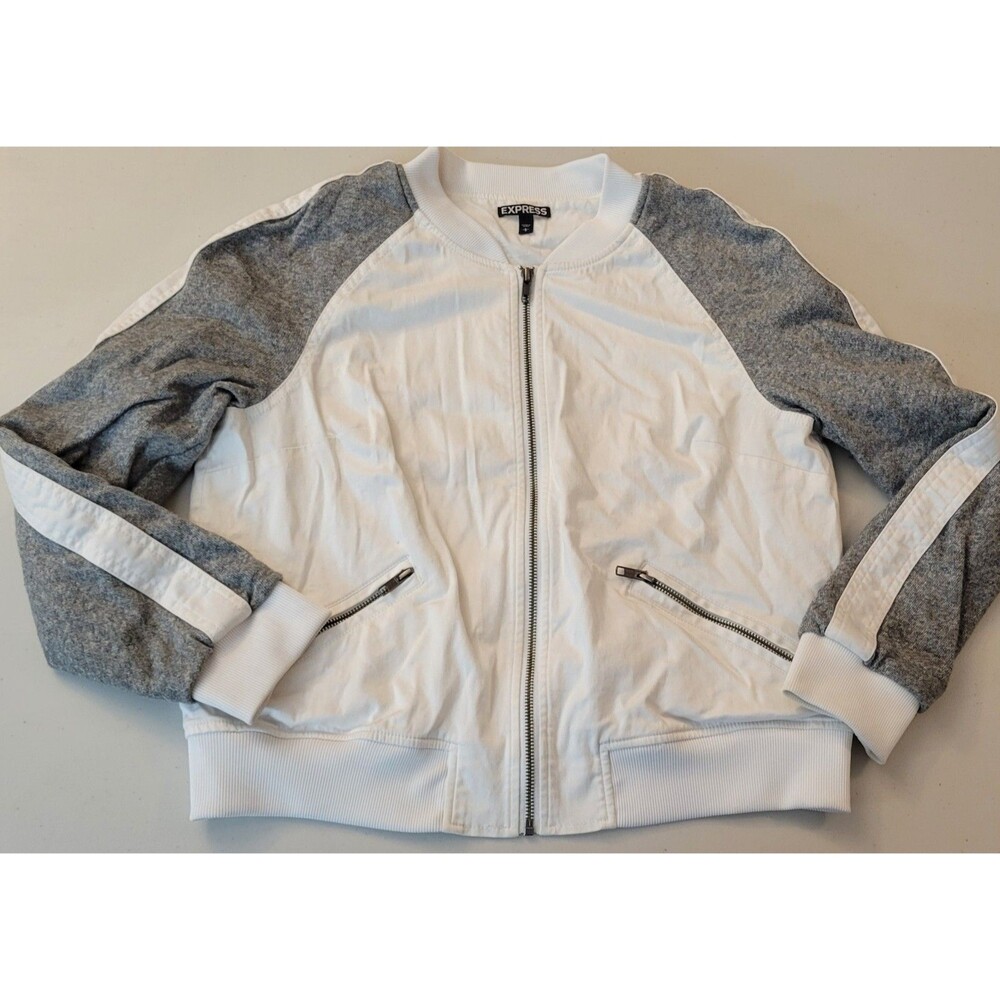 Express Jacket Womens White Gray Multi Zipper Cotton Canvas Moto Fit Size Large